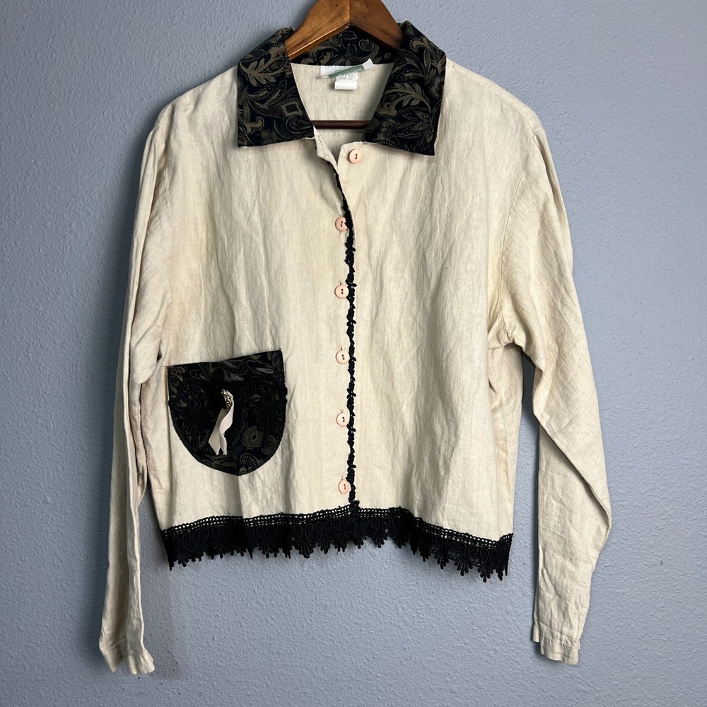Petal Bay‎ Linen Handmade Cottagecore Jacket Vtg Lace Trim Whimsical Folk Boho L